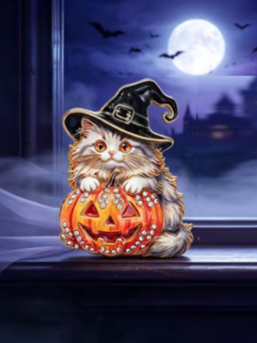 Halloween Cat Pumpkin Brooch in Orange and Black